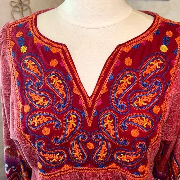 🆕NWOT🌻BOHO PAISLEY DRESS🍁Notch Neck❤️Brick Red Base Size Large - Picture 5 of 11